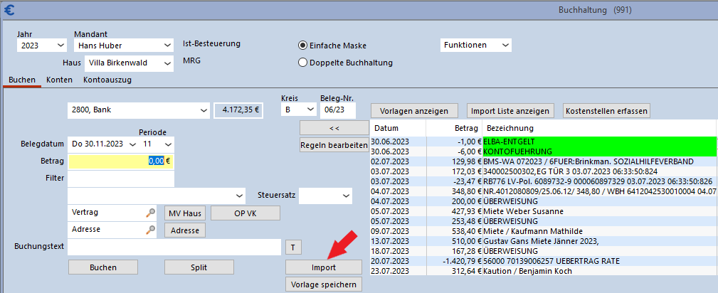 Screenshot von Hausverwaltungssoftware BICI future line, Buchhaltung, Import Kontoauszug